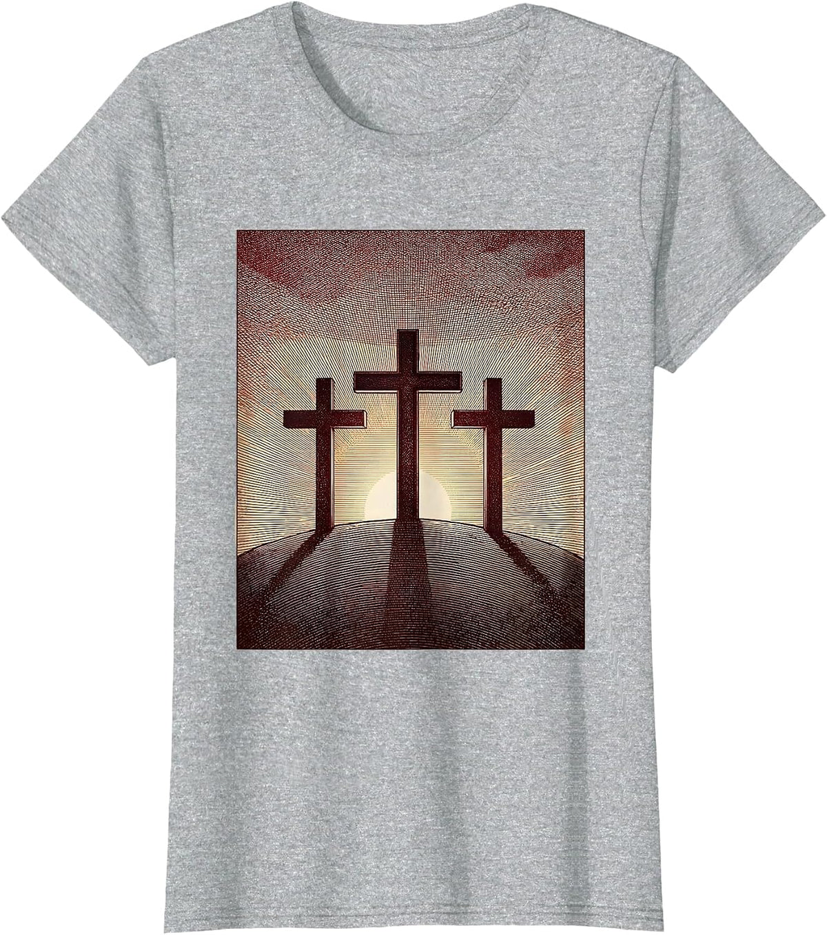 Three Crosses Crimson Sunset Silhouette T-Shirt - Heather Grey