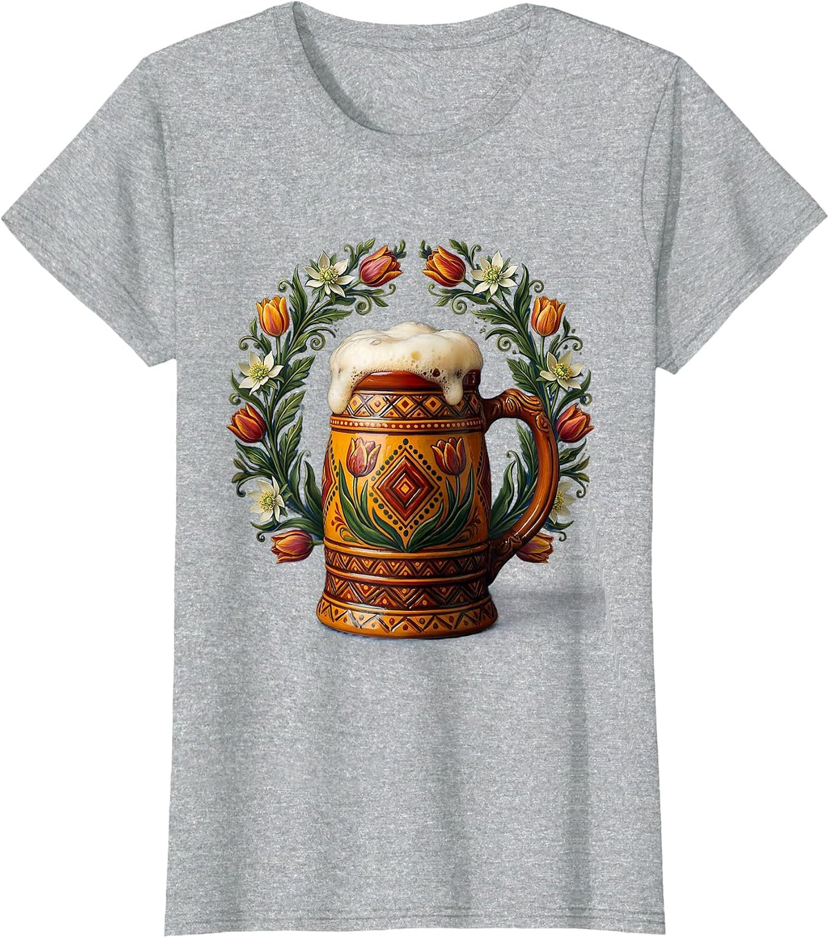 Women's Oktoberfest Beer Mug Floral Wreath Illustration T-Shirt - Heather Grey