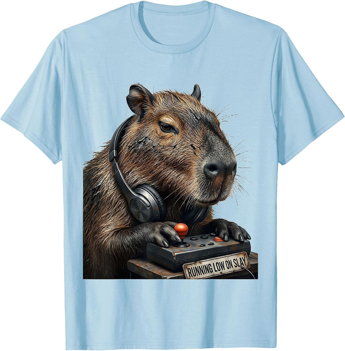 Men's running low on slay Distressed Capybara Gamer Meme Humor T-Shirt - Baby Blue