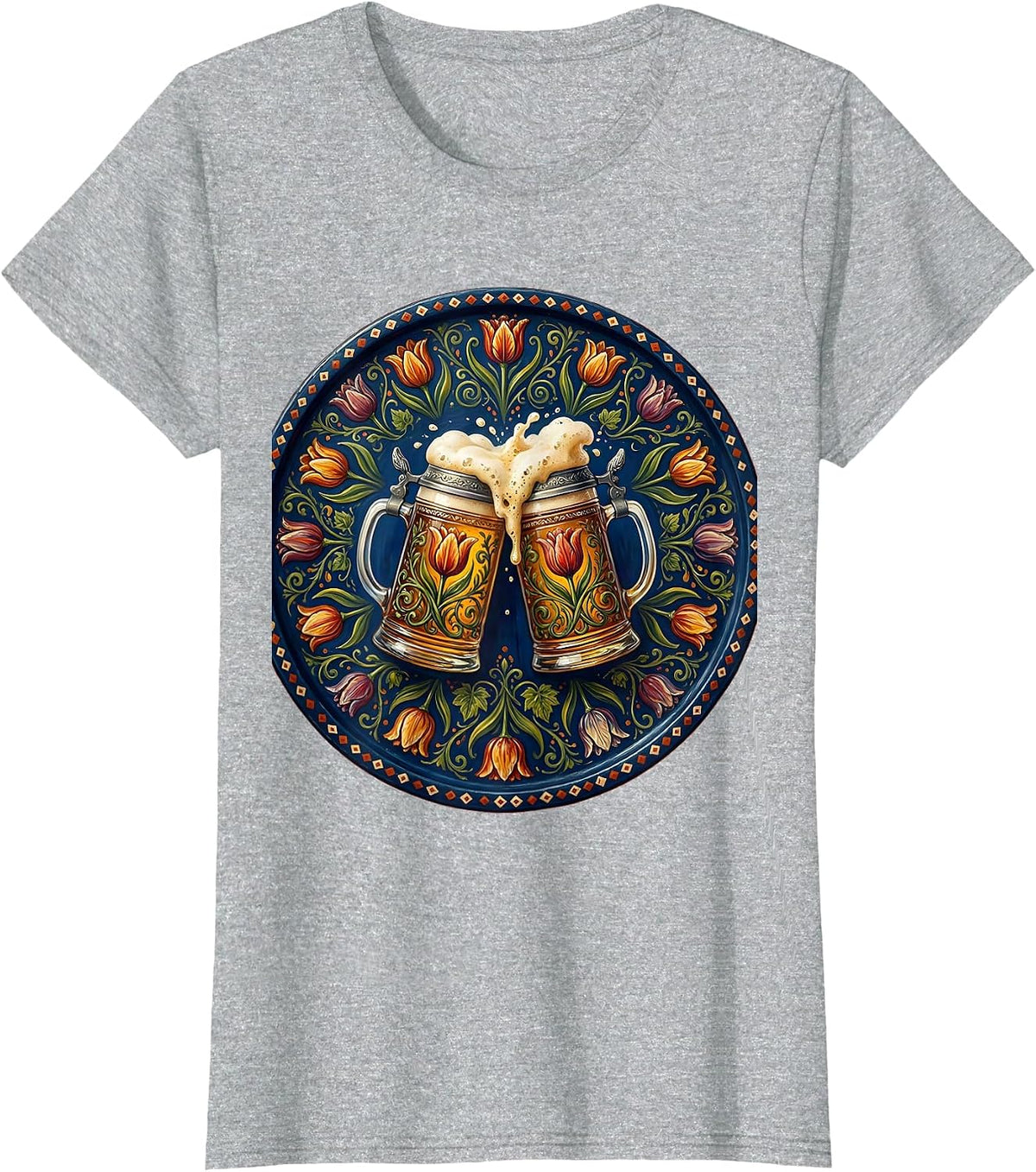 Women's Clinking Beer Steins October Festival Graphic T-Shirt - Heather Grey