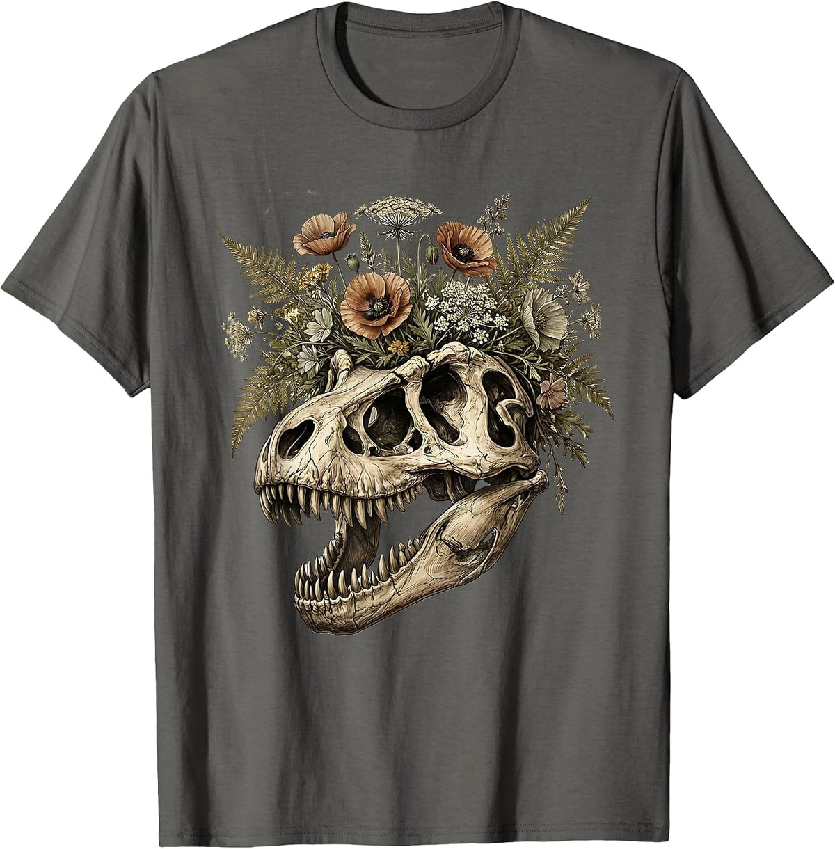 T-Rex Skull Floral Crown Dinosaur Art T-Shirt - Asphalt Grey