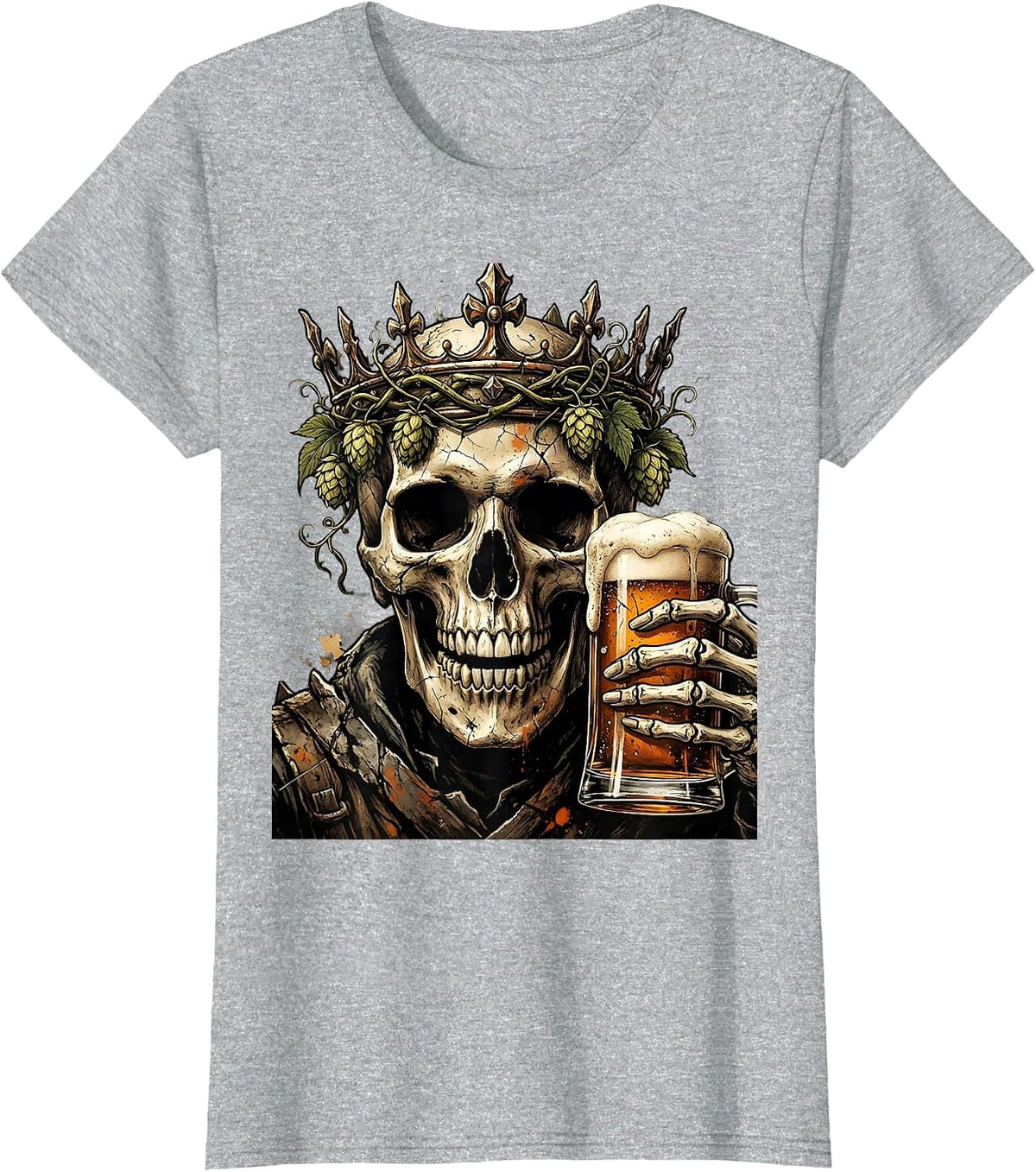Women's Skull Hops Crown Beer Pint Graphic T-Shirt - Heather Grey
