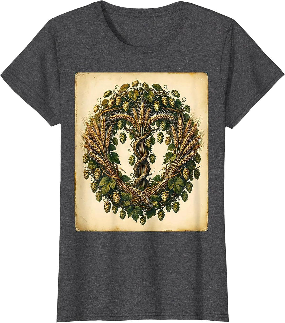 Women's Hop Vines and Wheat Stalks Beer Lover Graphic T-Shirt - Dark Heather Grey