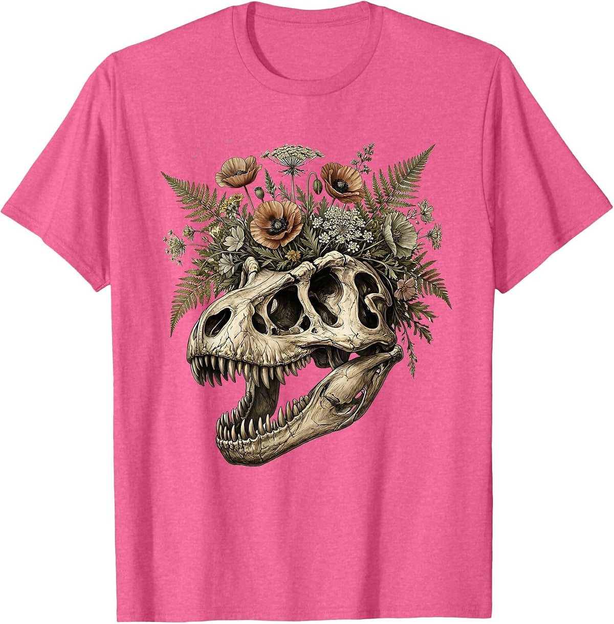 T-Rex Skull Floral Crown Dinosaur Art T-Shirt - Pink Heather