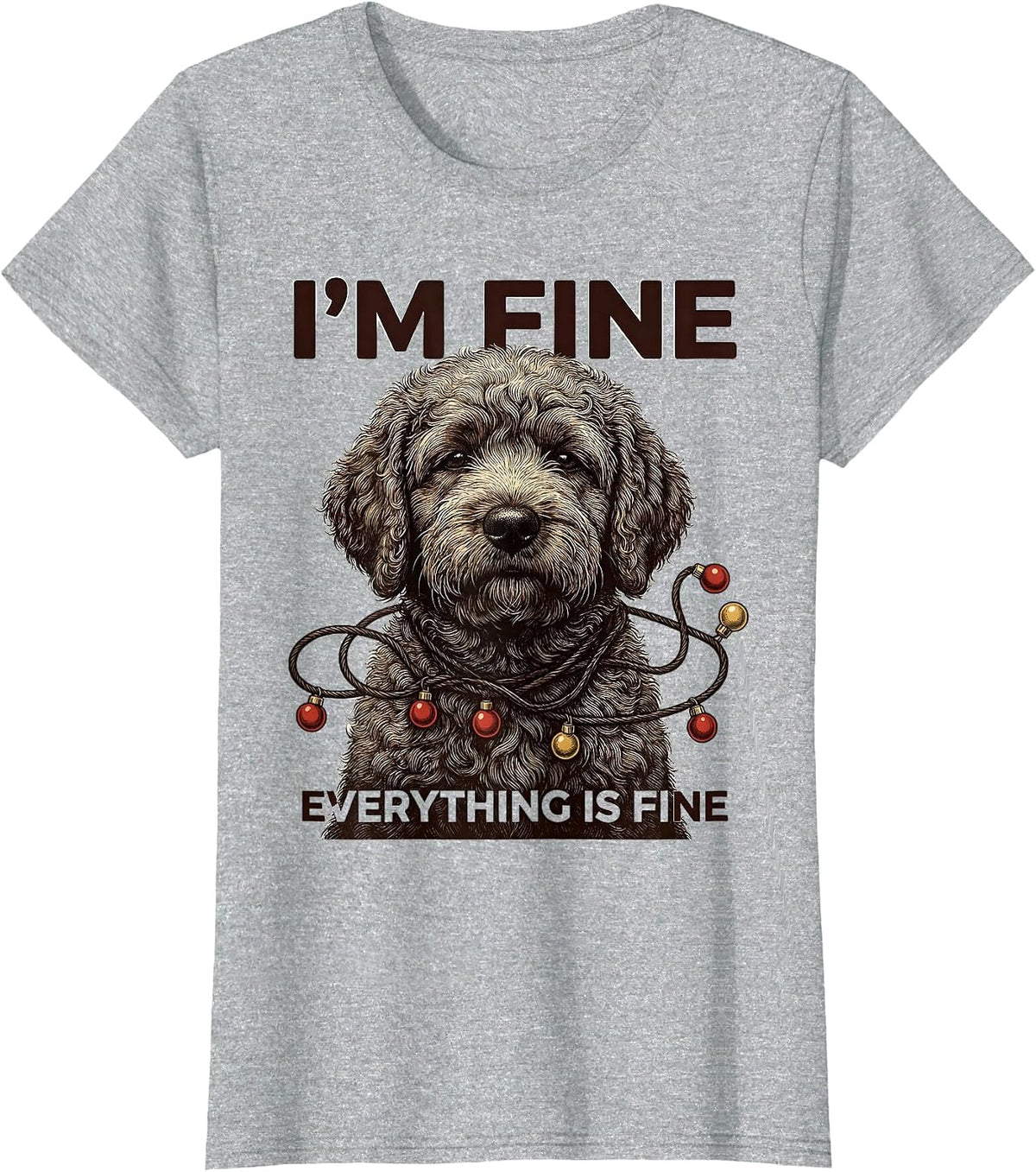 Women's I'm Fine Everything Is Fine Black Labradoodle Christmas T-Shirt - Heather Grey