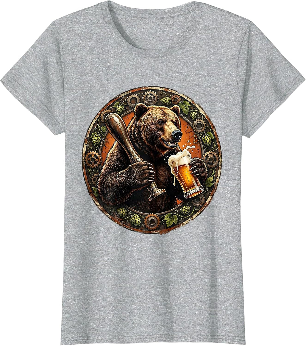Women's Grizzly Bear Bartender Pouring Draft Beer Graphic T-Shirt - Heather Grey