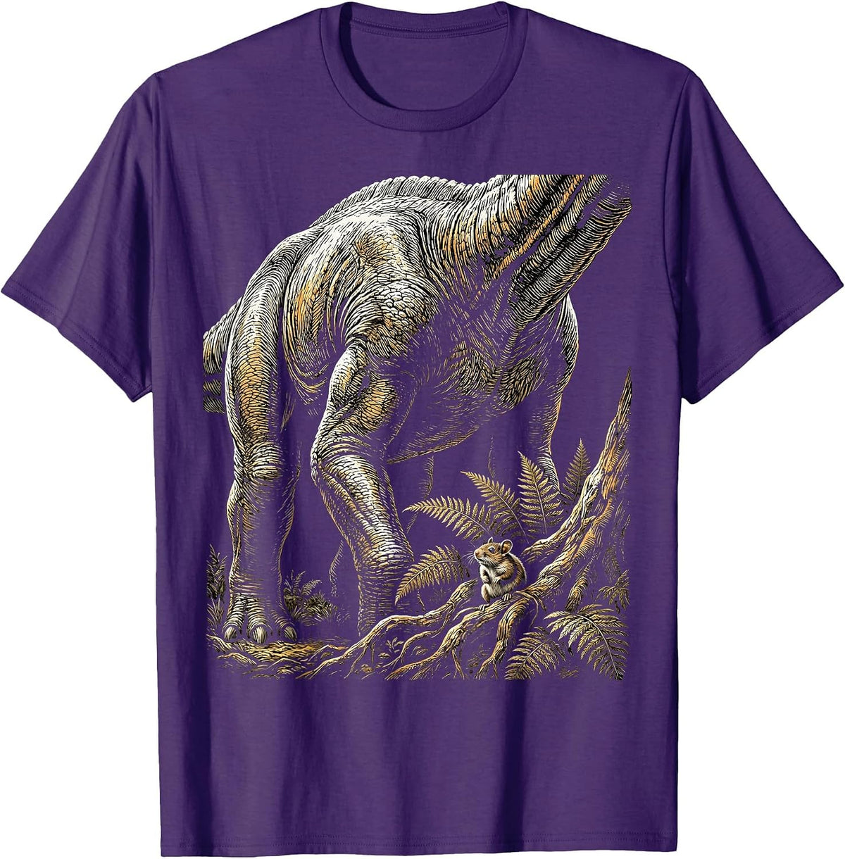 Small Mammal Watches Giant Dinosaur Pass By T-Shirt - Purple