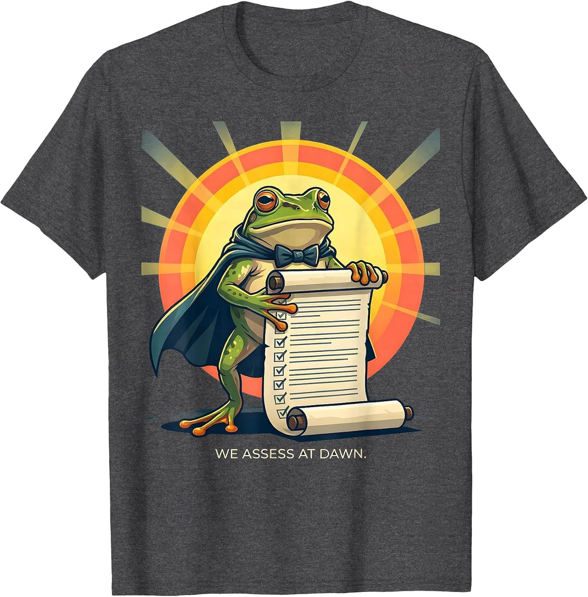 Men's We Assess At Dawn Funny Frog Teacher Reader Back to School T-Shirt - Dark Heather Grey