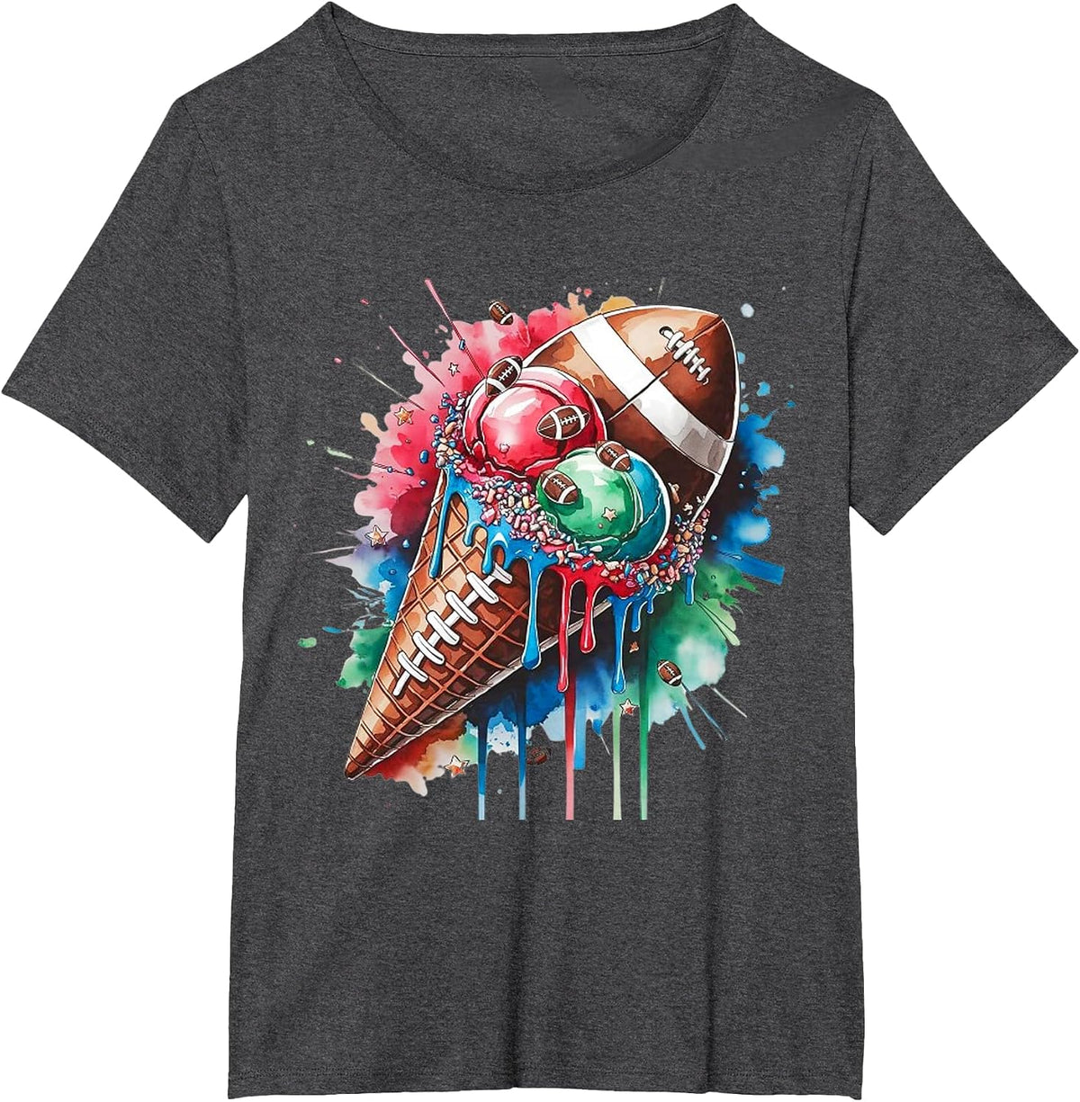 Football Drip Ice Cream Watercolor Cone with Sprinkles T-Shirt - Dark Heather Grey