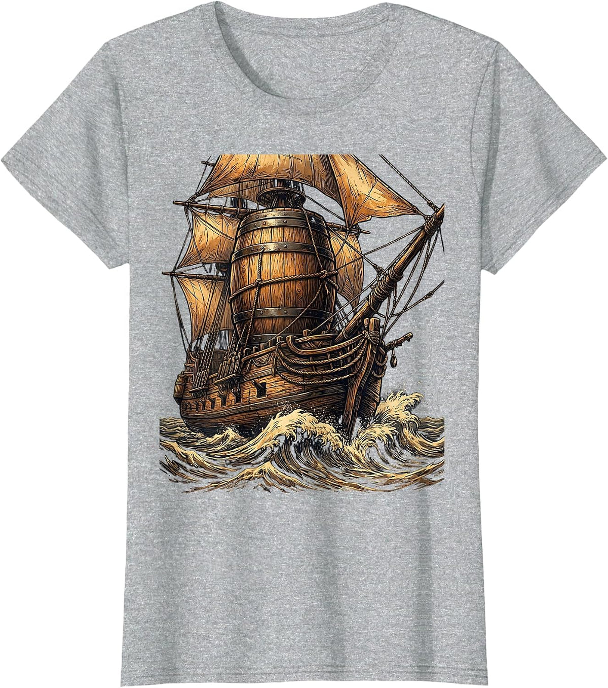 Old Wooden Ship Beer Barrel Mast Illustration T-Shirt - Heather Grey