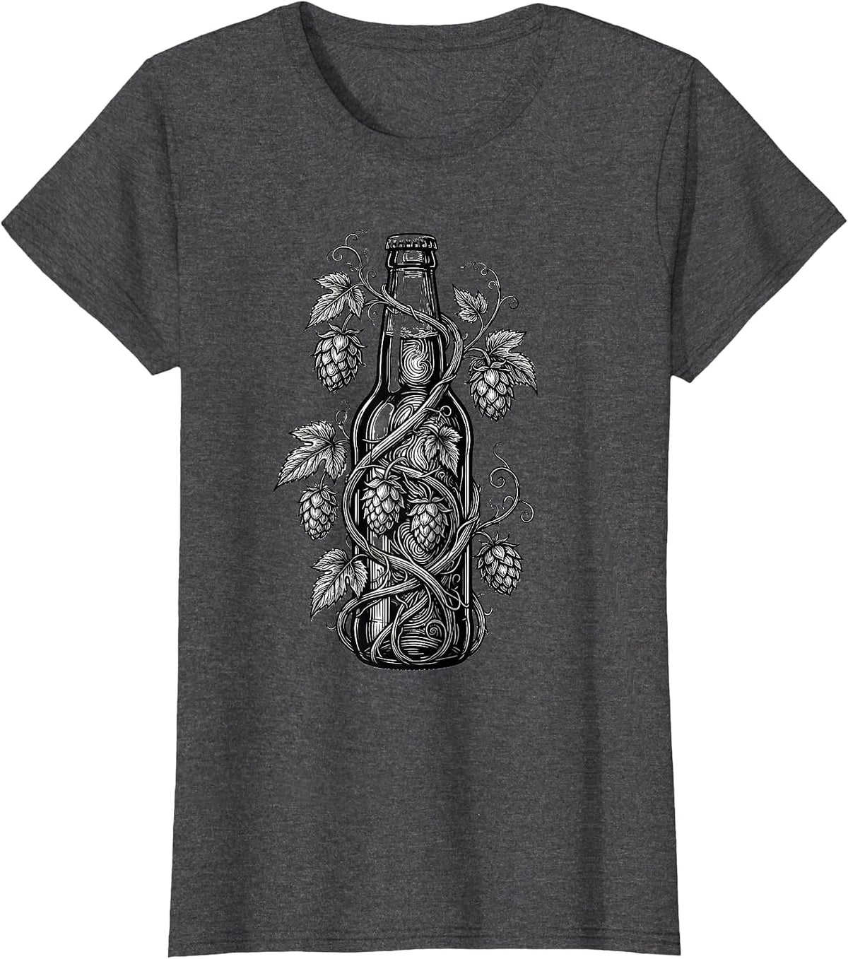 Women's Hop Vine Wrapped Beer Bottle Illustration T-Shirt - Dark Heather Grey