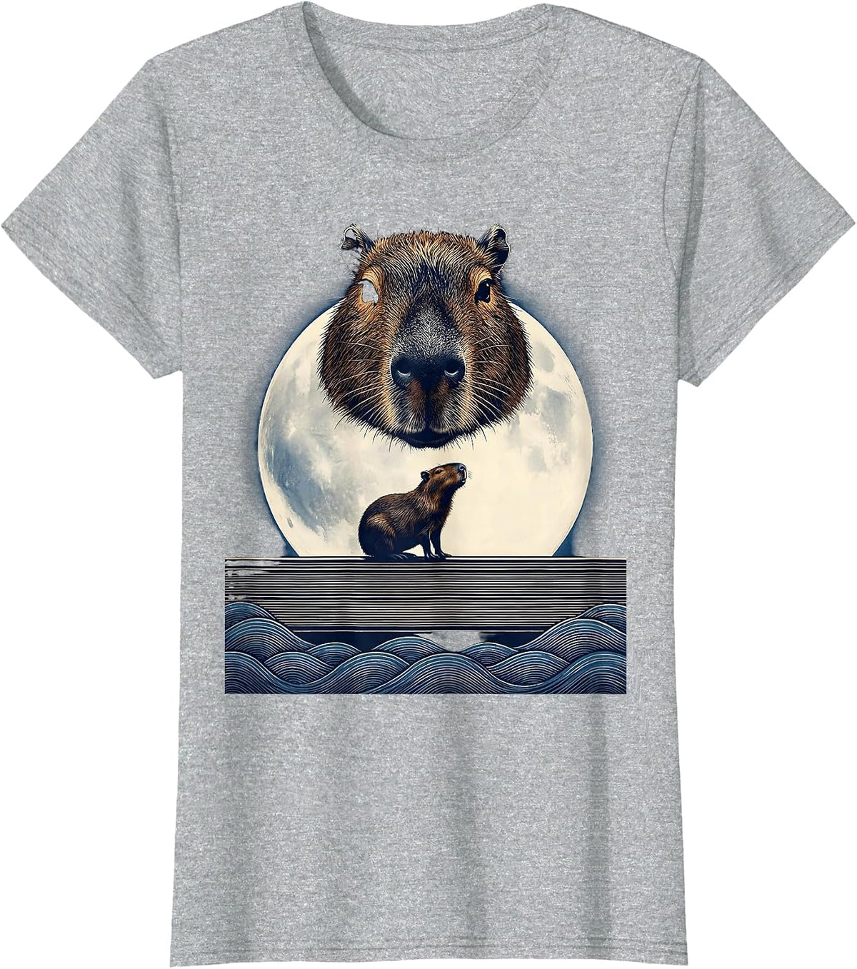 Women's Capybara Head Mask Ukiyo-e Howling Moon Meme T-Shirt - Heather Grey
