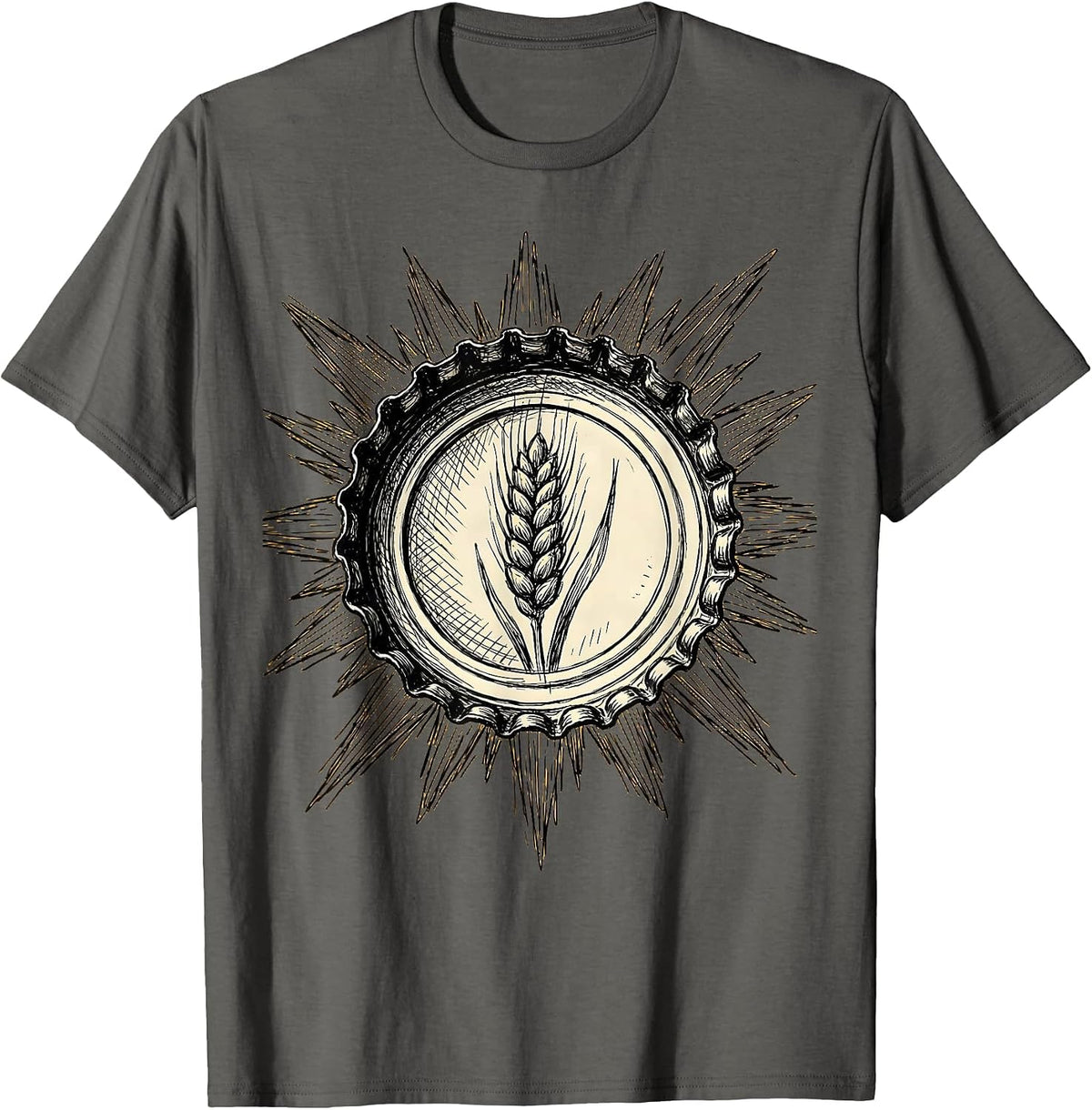 Men's Vintage Beer Bottle Cap Sun Rays Graphic Tee T-Shirt - Asphalt Grey