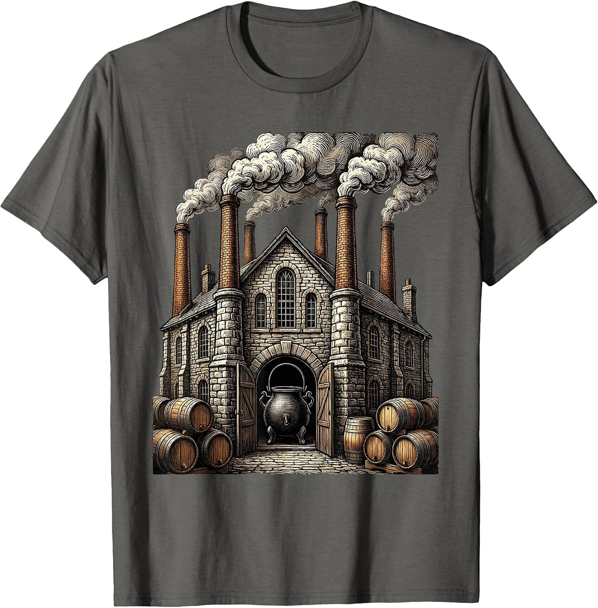 Old-Fashioned Brewery Smoking Chimneys Graphic T-Shirt - Asphalt Grey