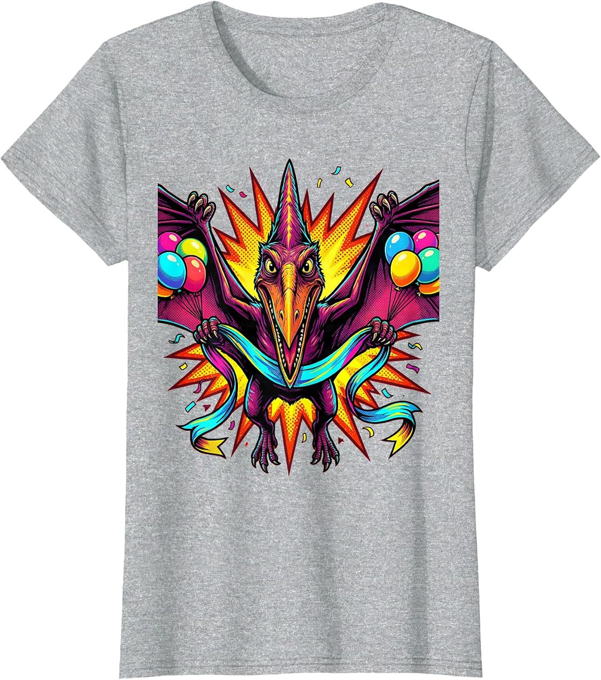 Pterodactyl Birthday Banner Dinosaur Graphic T-Shirt - Heather Grey