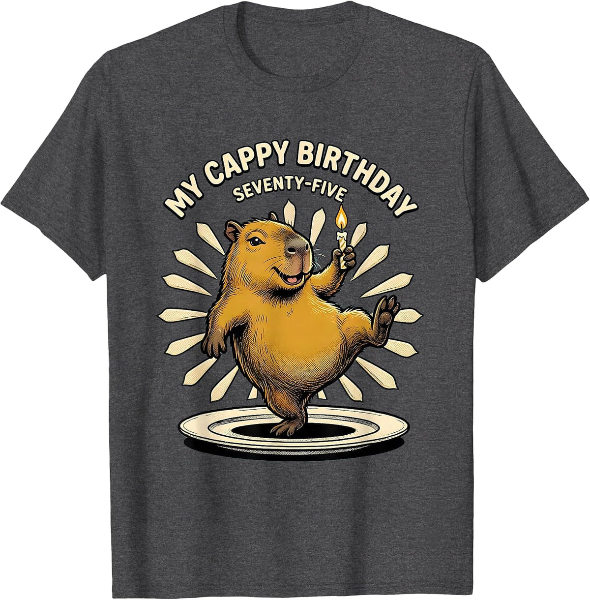 My Cappy Birthday Seventy-Five Retro Cartoon Capybara T-Shirt - Dark Heather Grey