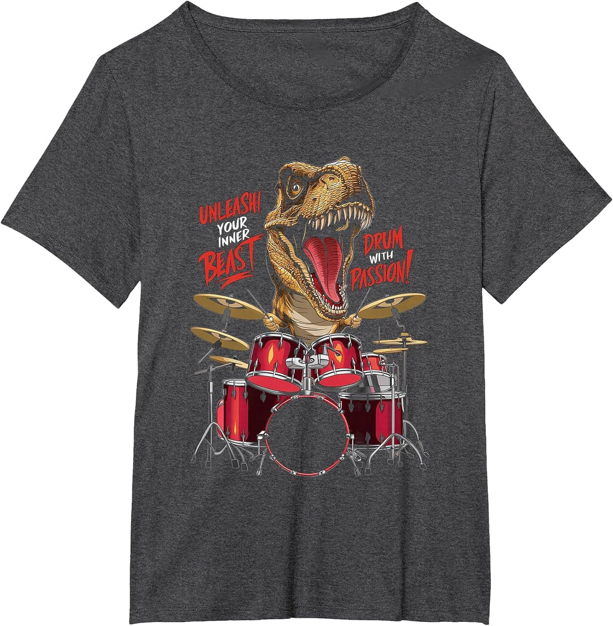 Cool Dinosaur Drummer - Boys Girls Kids Drummers T-Shirt - Dark Heather Grey
