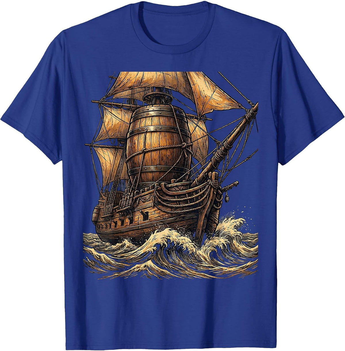 Old Wooden Ship Beer Barrel Mast Illustration T-Shirt - Royal Blue