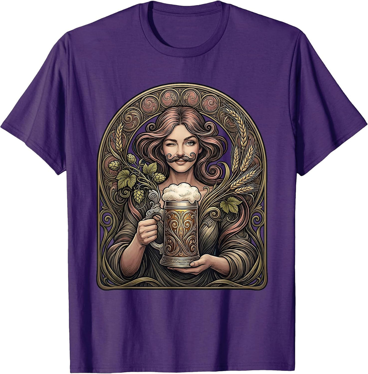 Men's Beer Foam Mustache Winking Illustration T-Shirt - Purple