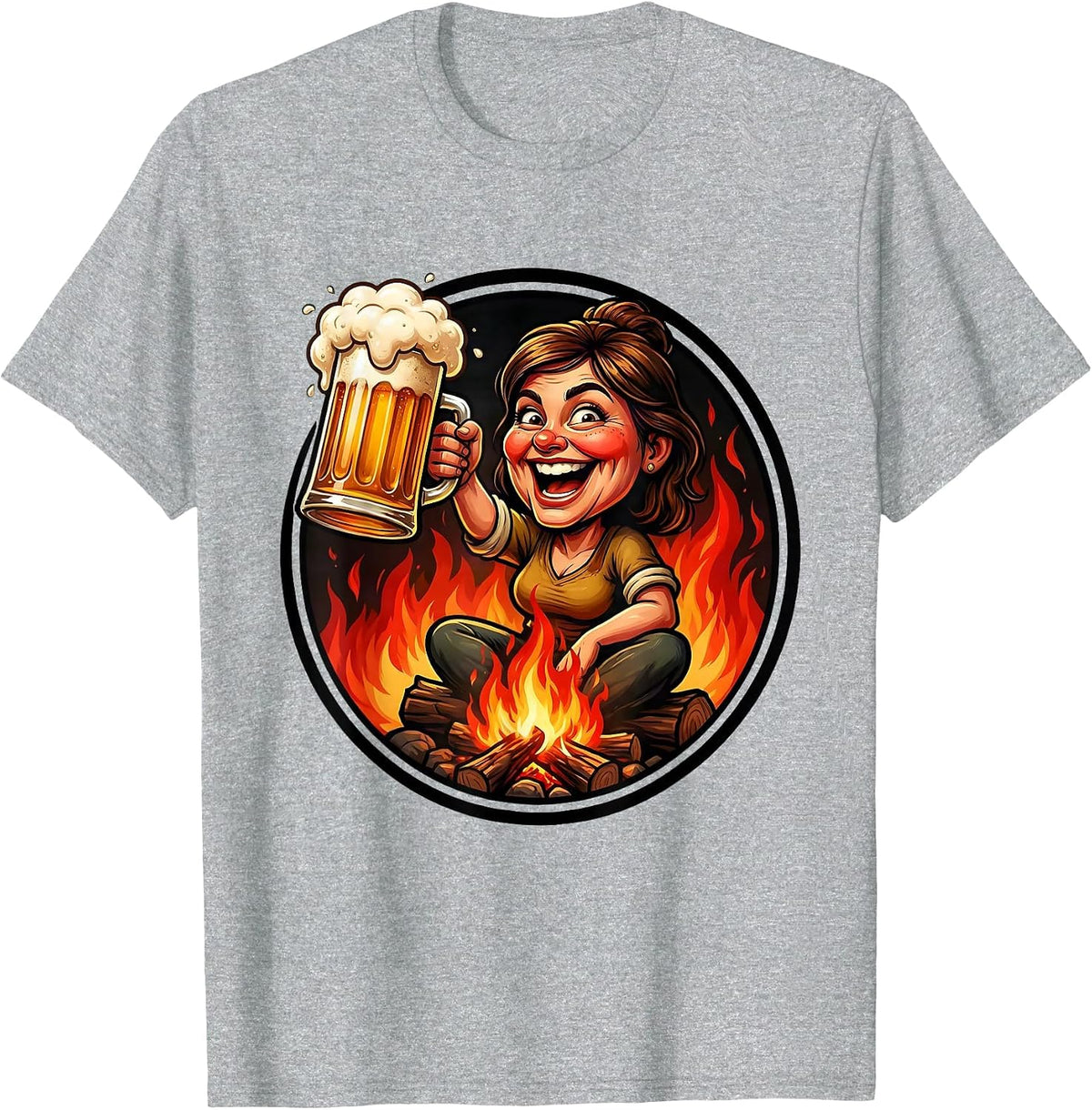 Men's Woman With Beer Mug Campfire Graphic T-Shirt - Heather Grey