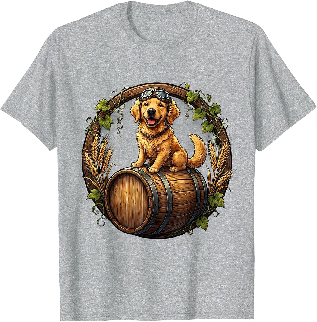 Men's Dog Riding Beer Barrel With Goggles Funny Art T-Shirt - Heather Grey