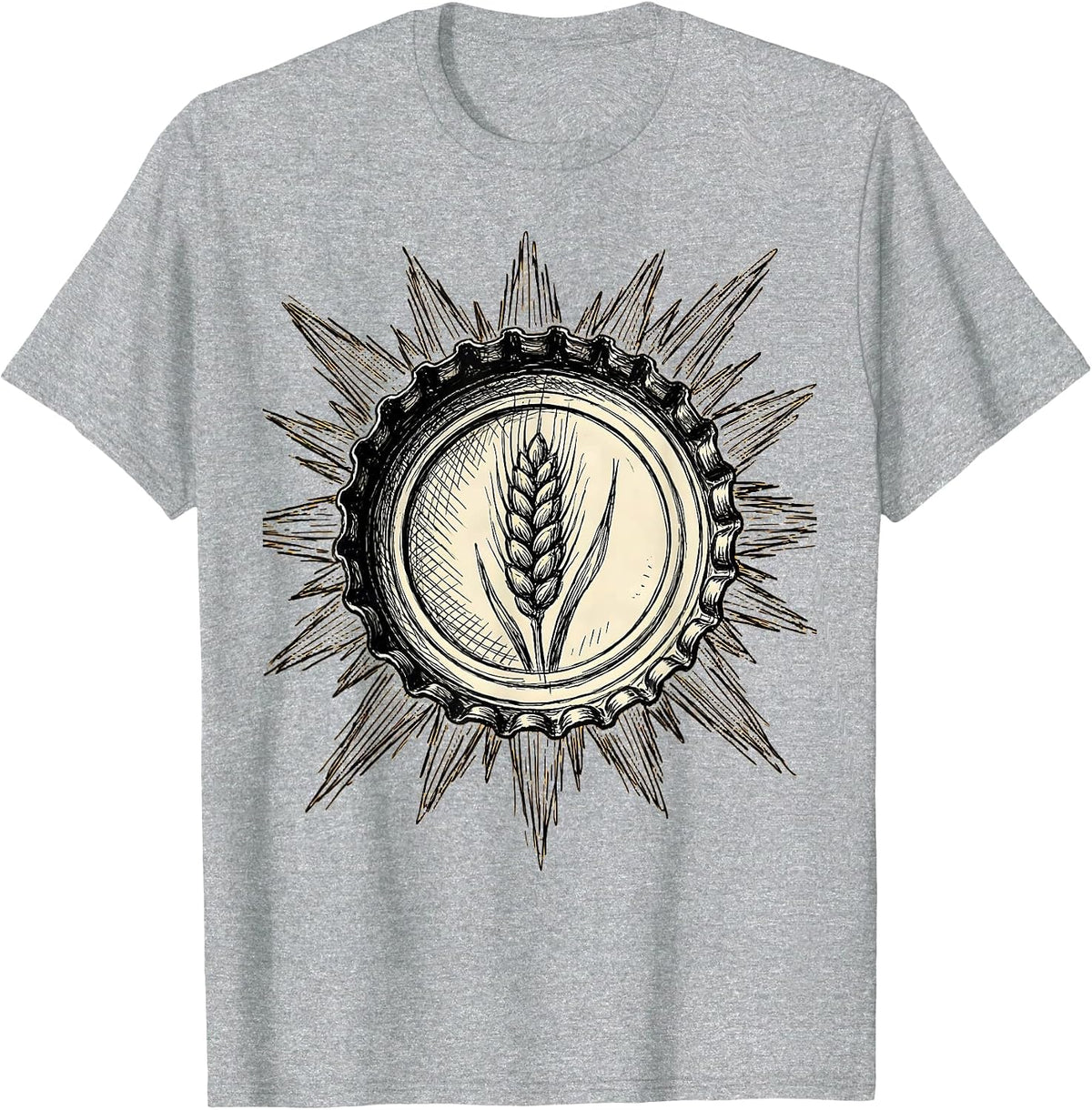 Men's Vintage Beer Bottle Cap Sun Rays Graphic Tee T-Shirt - Heather Grey