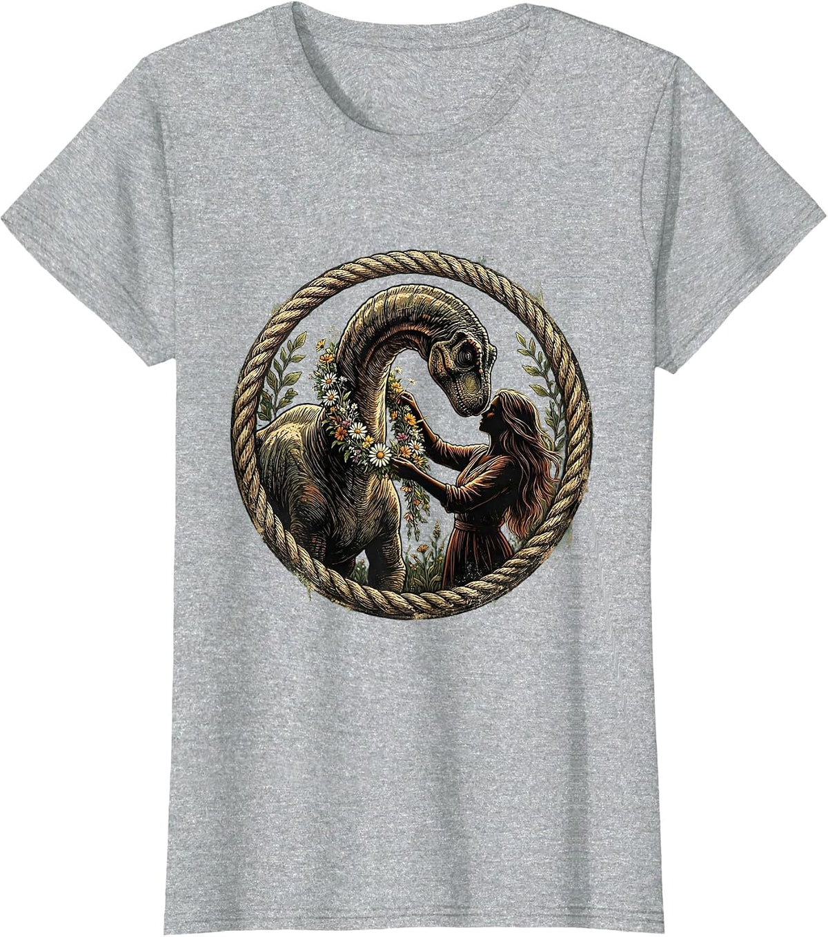 Women's Brachiosaurus Flower Braid Dinosaur Illustration T-Shirt - Heather Grey