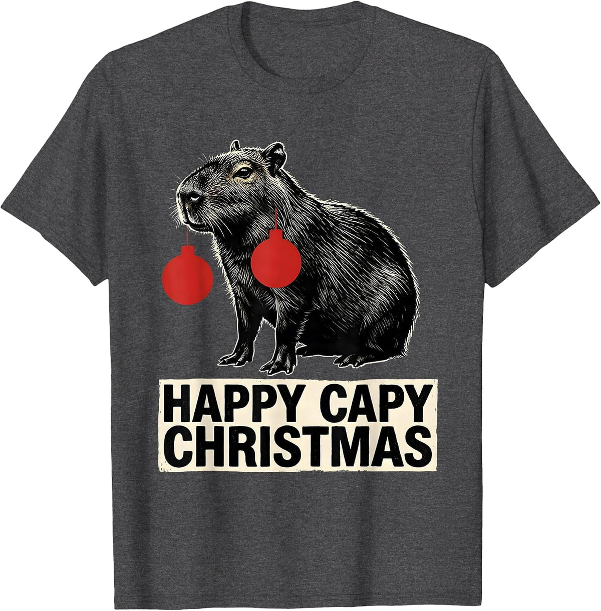 Happy Capy Christmas Linocut Funny Capybara Animal Lover T-Shirt - Dark Heather Grey