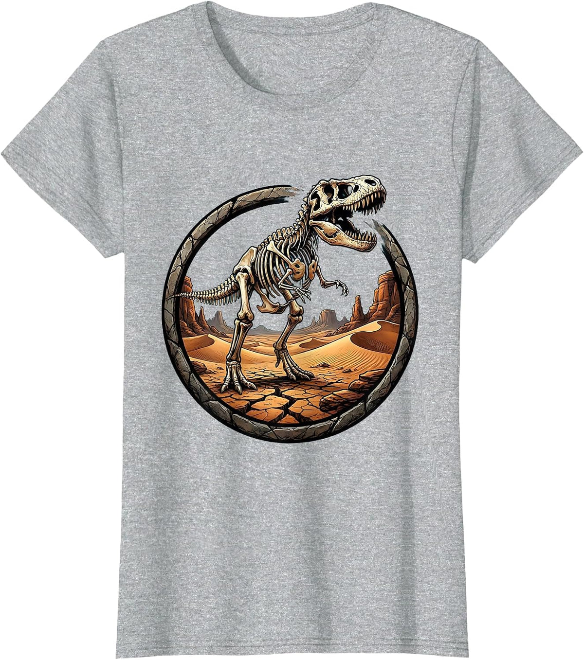 Women's Dinosaur Skeleton Emerging From Desert Ground T-Shirt - Heather Grey