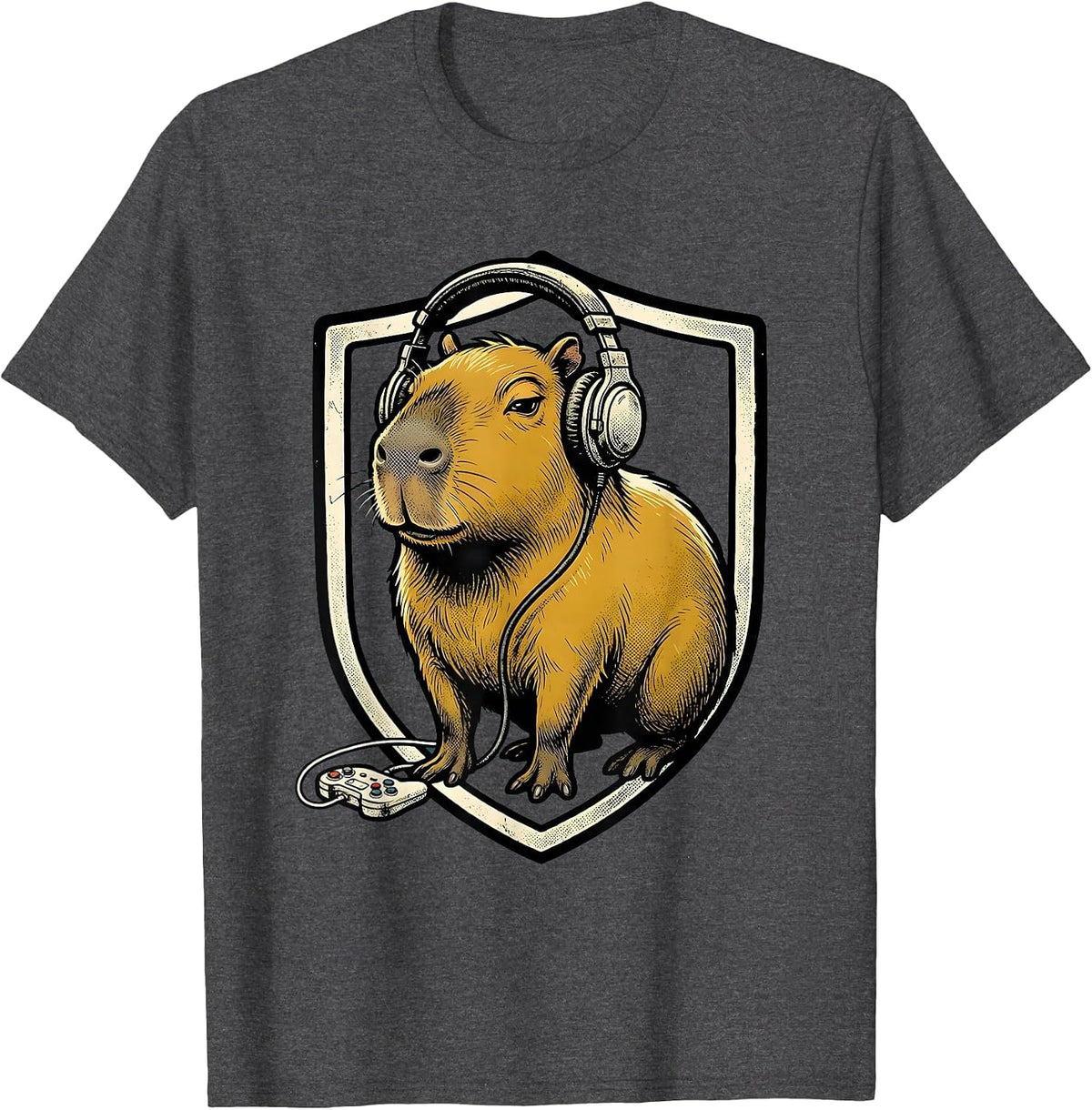 Men's Capybara Gamer Retro Cartoon Funny Video Games T-Shirt - Dark Heather Grey