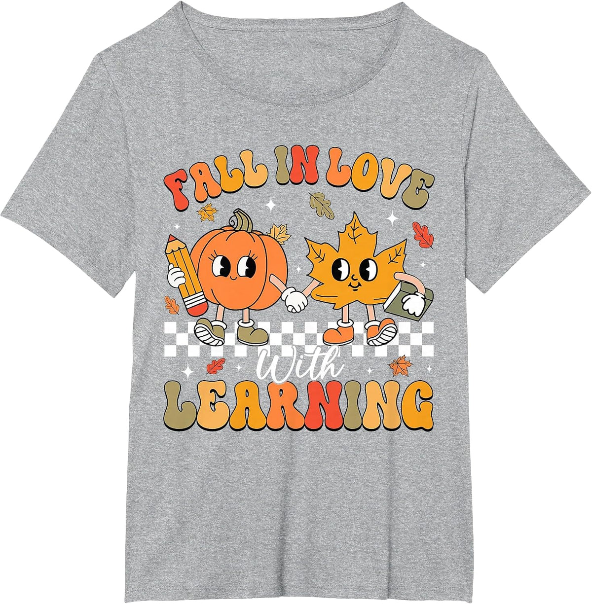 Retro Fall in Love with Learning Autumn Pumpkin Teacher T-Shirt - Heather Grey
