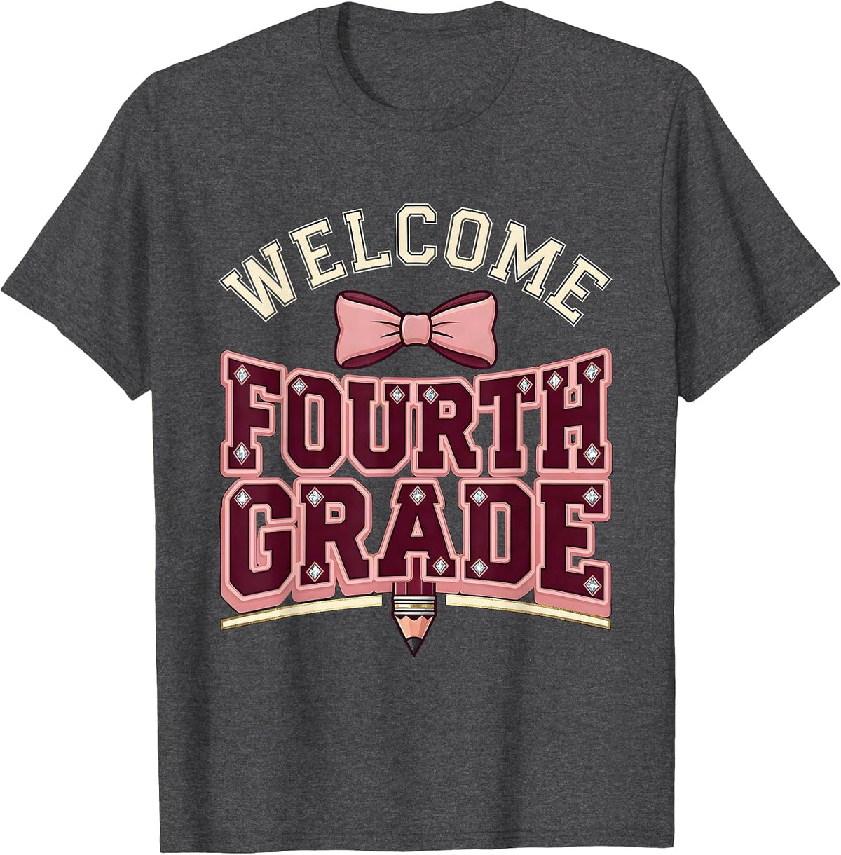 Welcome, Fourth Grade Sparkle Varsity Coquette Bow Back T-Shirt - Dark Heather Grey