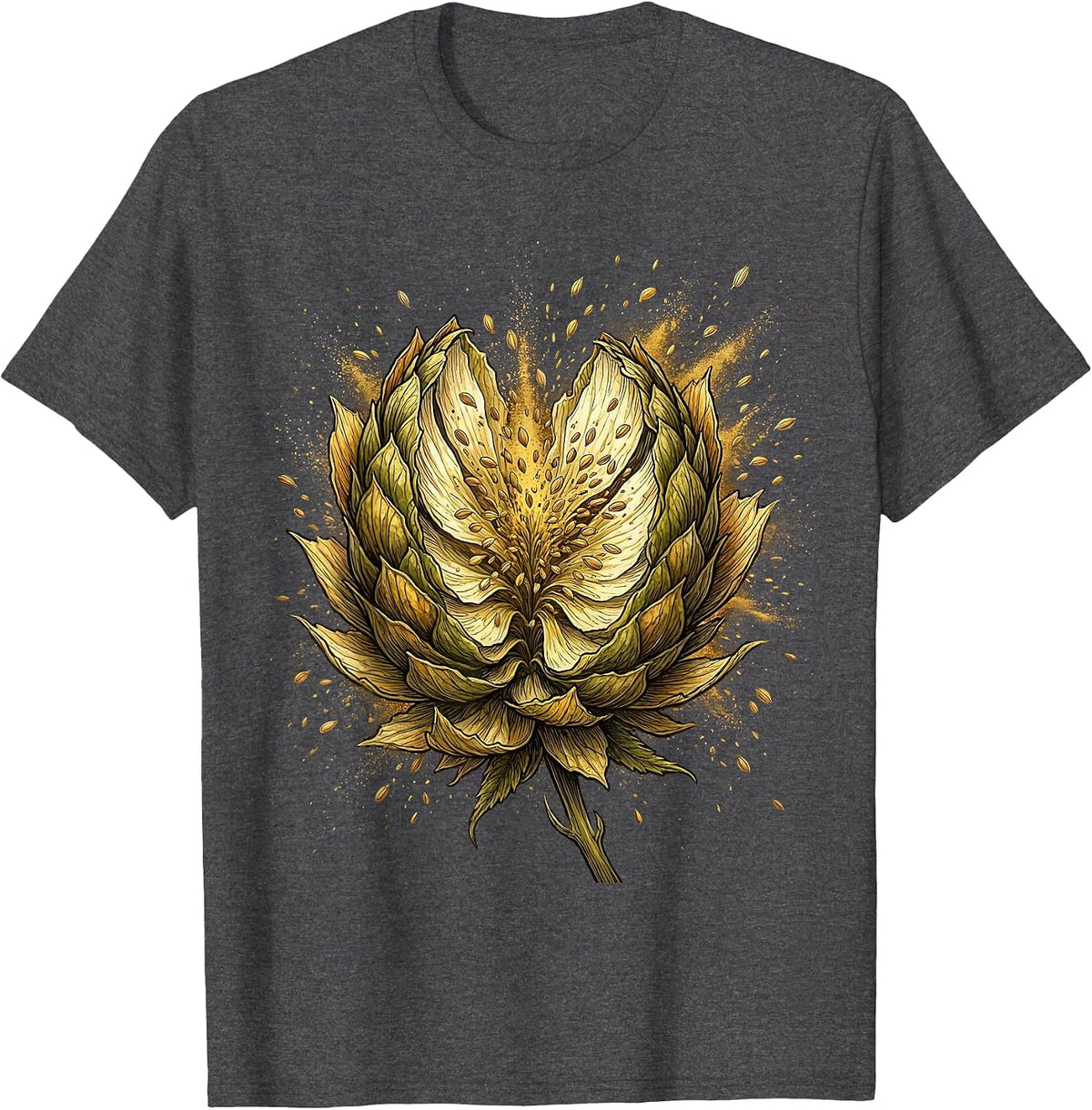 Hop Cone Burst Gold Dust Beer Art T-Shirt - Dark Heather Grey