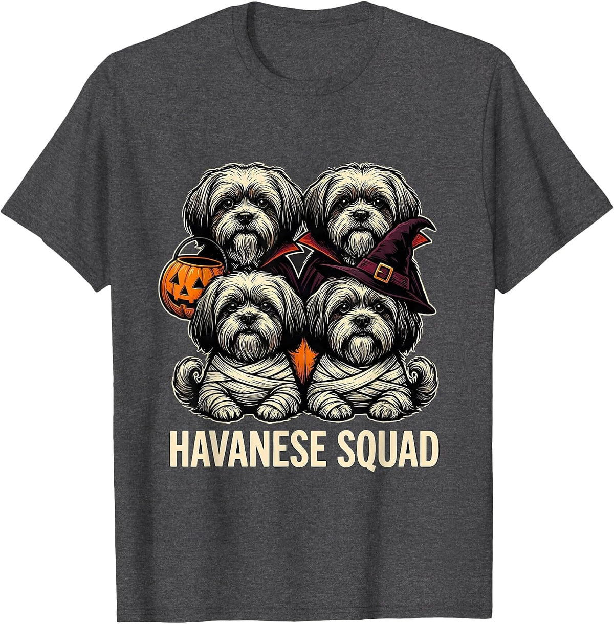 Havanese Squad Linocut Halloween Dog Owner Costume Party T-Shirt - Dark Heather Grey