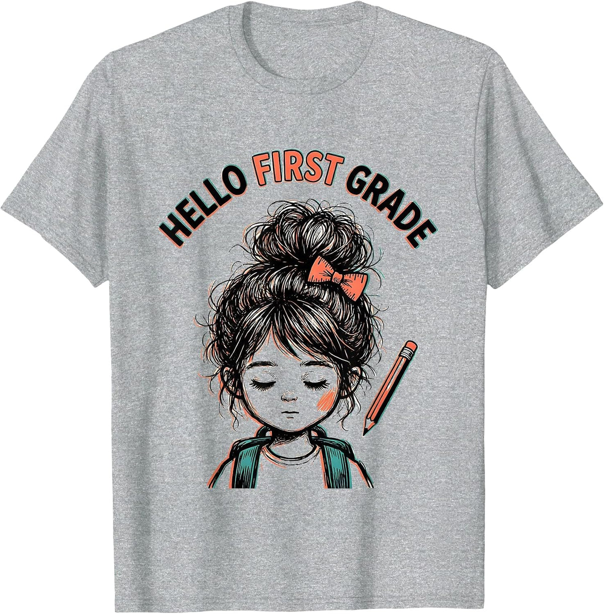 Men's Hello First Grade Back To School Messy Bun Girl Humor T-Shirt - Heather Grey