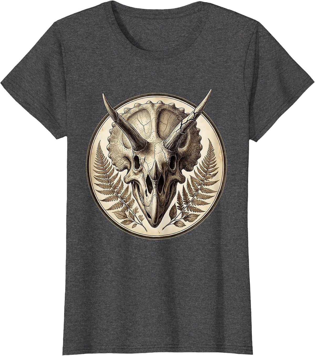 Women's Triceratops Skull Cracked Horns Dinosaur Art T-Shirt - Dark Heather Grey