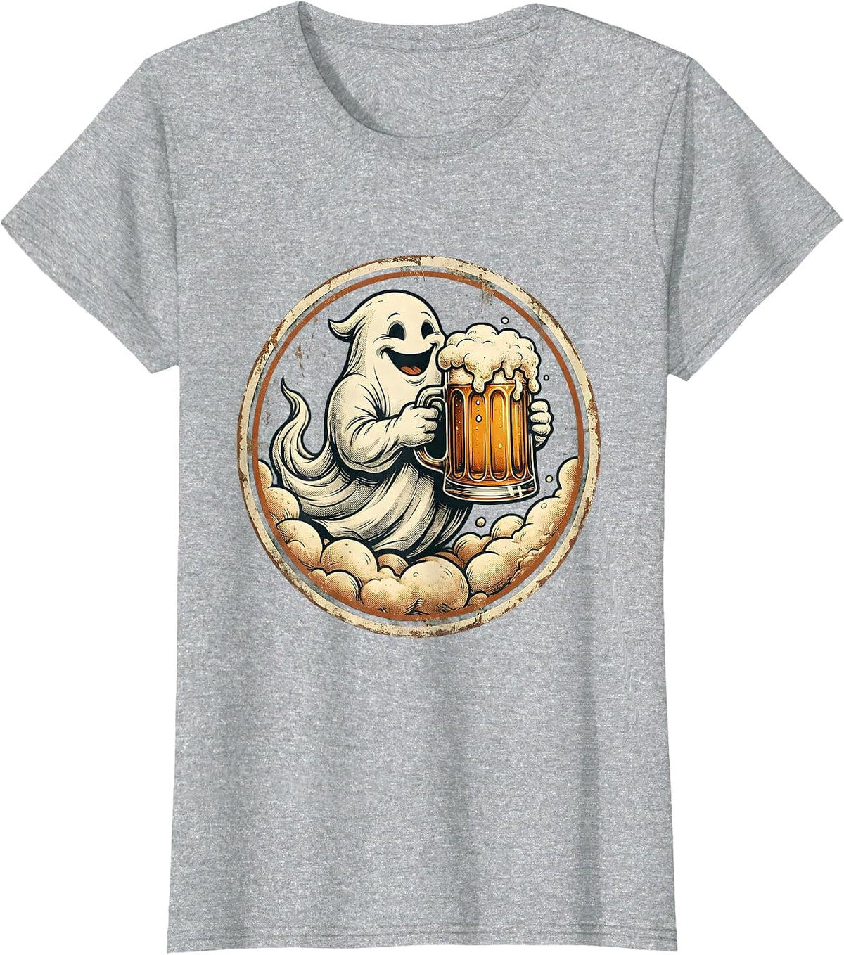 Women's Friendly Ghost Beer Mug Illustration T-Shirt - Heather Grey