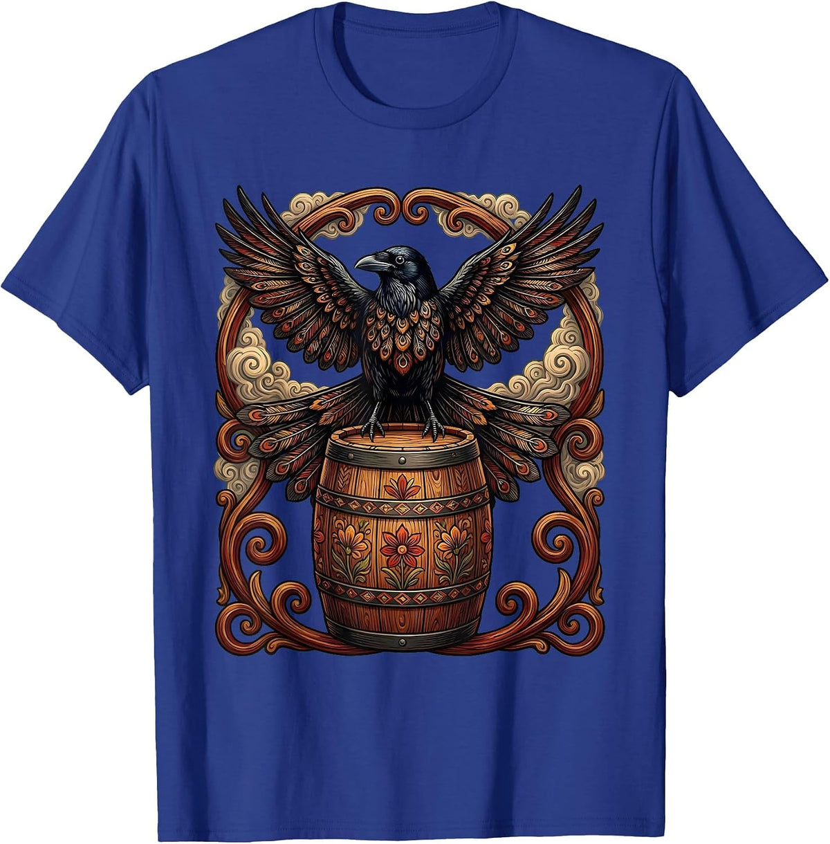 Crow on a Keg Foggy Night Beer Art T-Shirt - Royal Blue