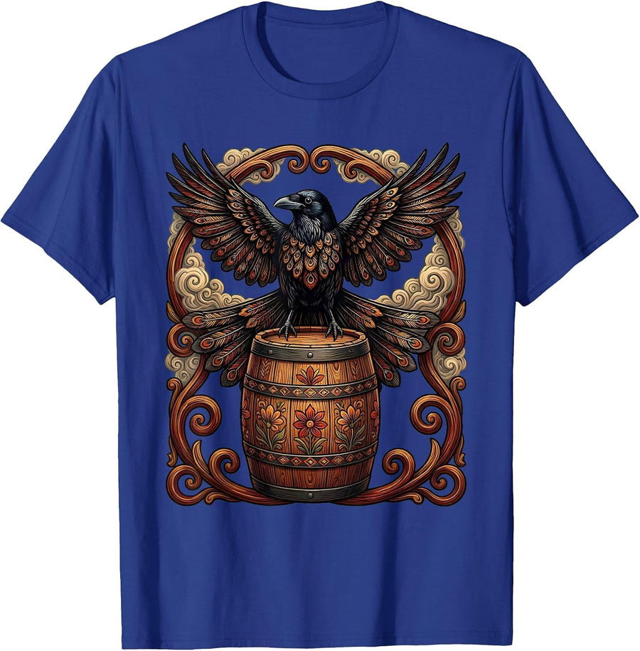 Crow on a Keg Foggy Night Beer Art T-Shirt - Royal Blue