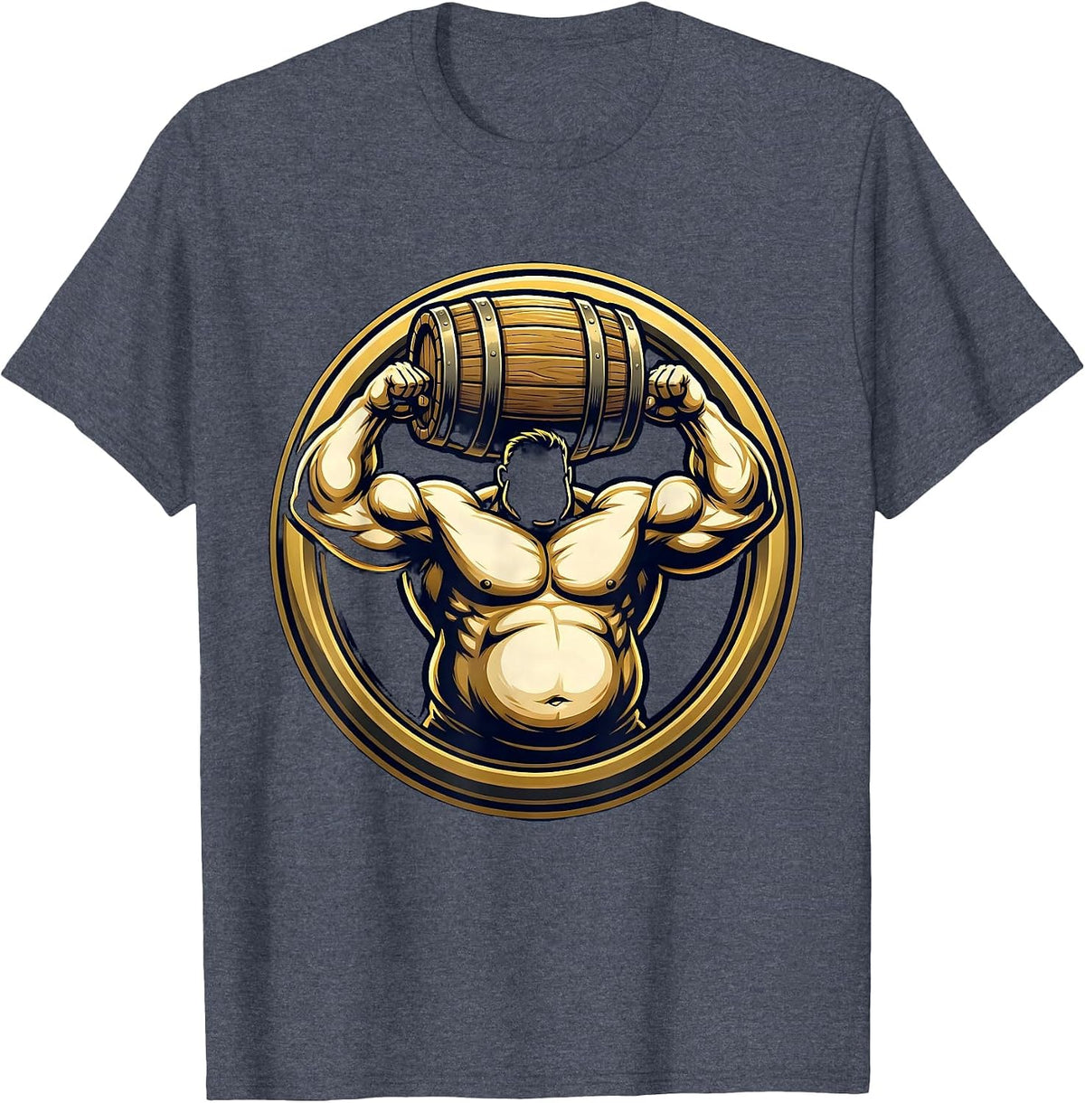 Stocky Beer Keg Flexing Muscle Graphic T-Shirt - Heather Blue