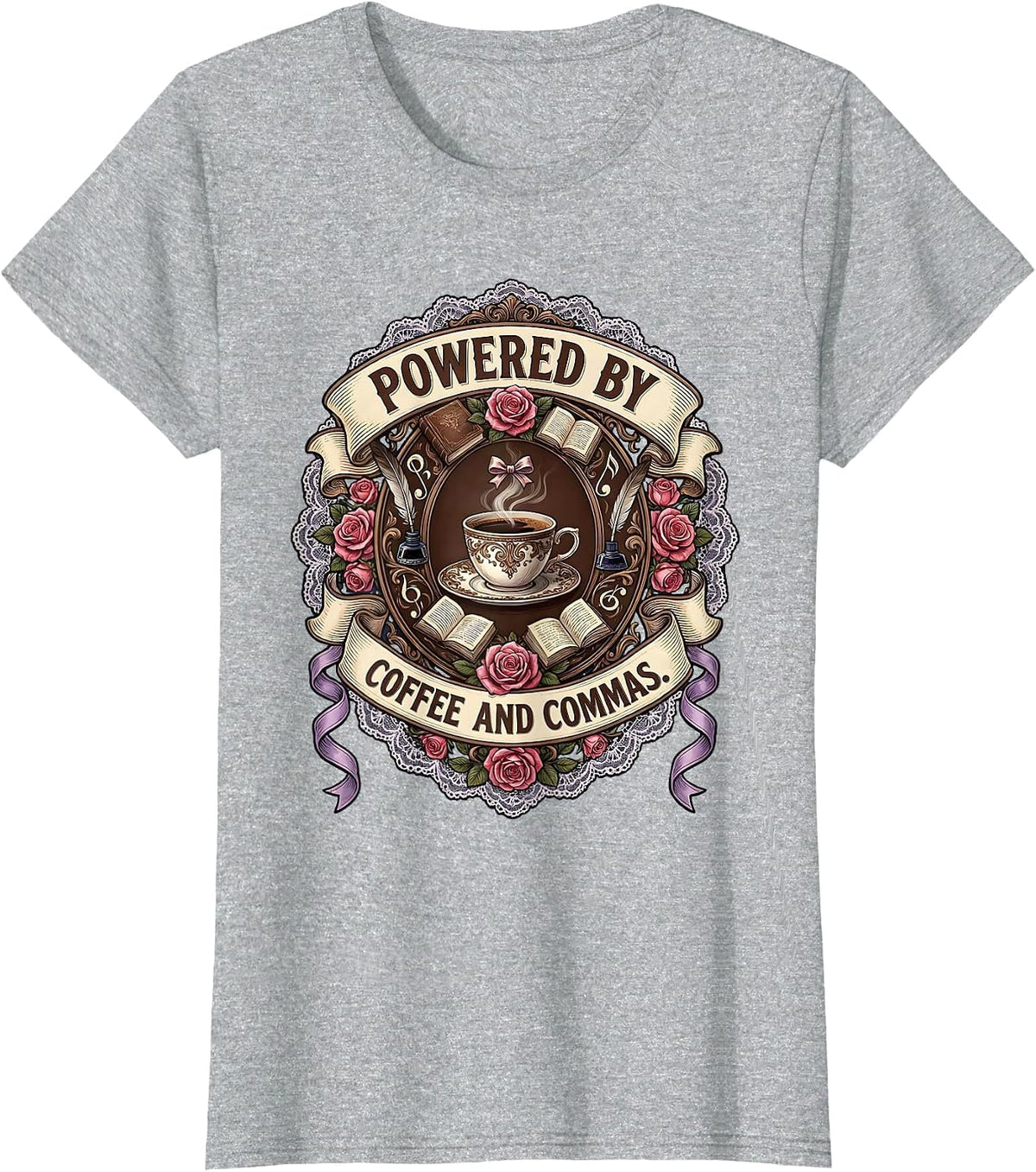 Women's Powered by Coffee and Commas English Teacher T-Shirt - Heather Grey