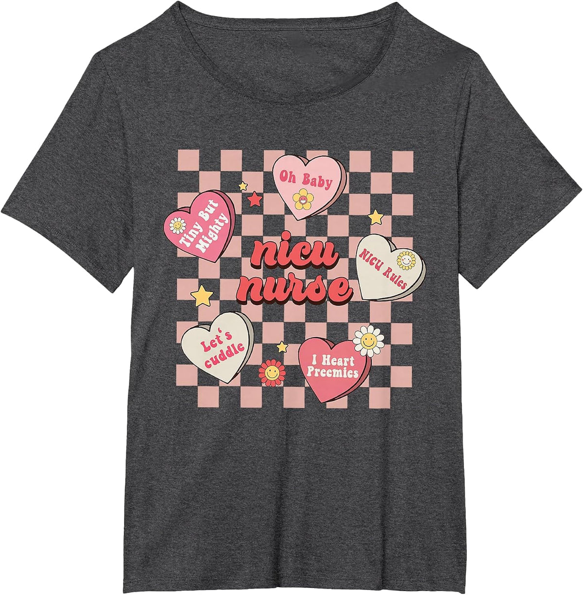 Retro NICU Nurse Conversation Hearts Candy Valentine's Day T-Shirt - Dark Heather Grey