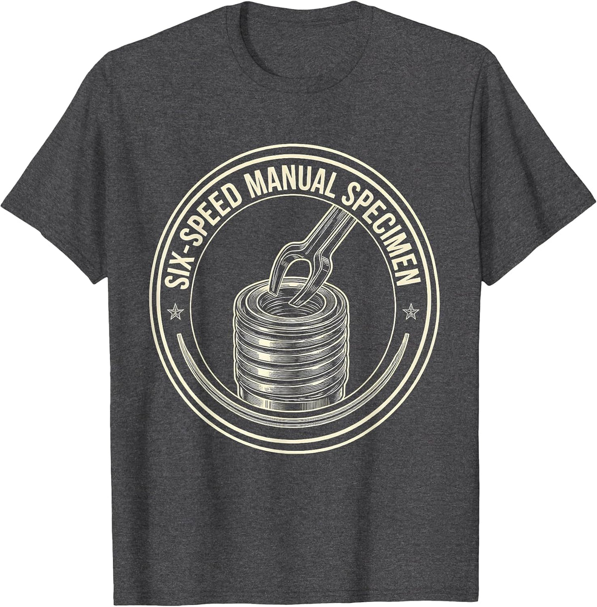 Six-Speed Manual Specimen Line Art Car Guy Mechanic Stick T-Shirt - Dark Heather Grey