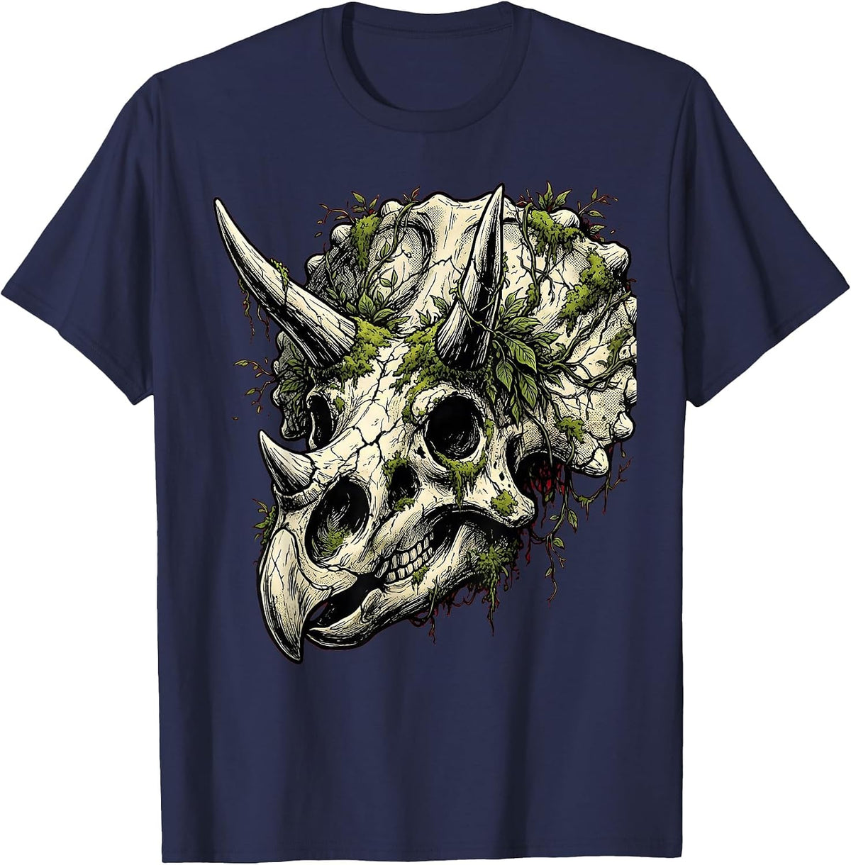 Mossy Triceratops Skull Dinosaur Illustration T-Shirt - Navy Blue