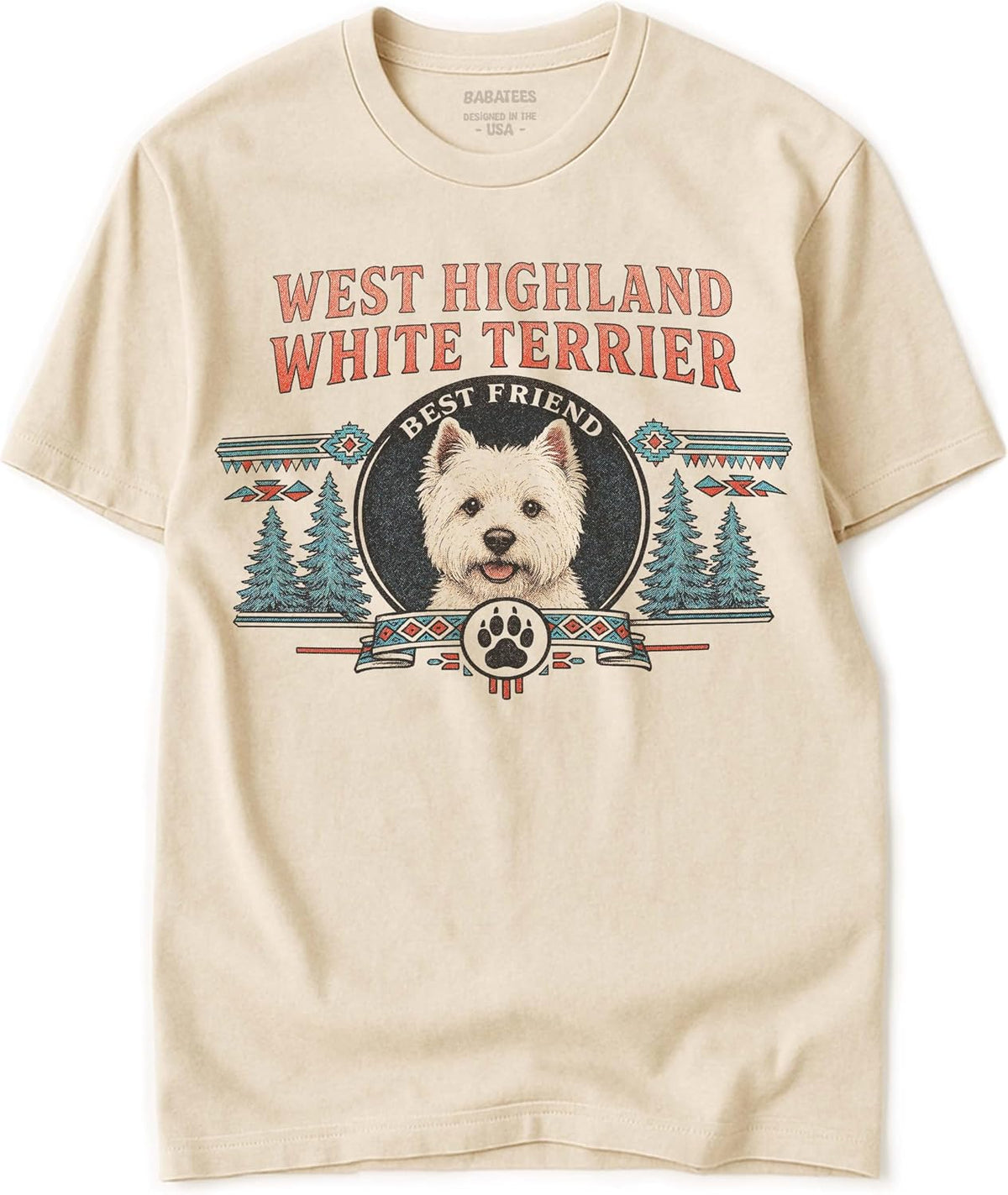 Dog Art Tshirt for Men & Women - Wilderness Artwork - 100% Natural, Raw, Undyed, Heavyweight Cotton - West Highland White