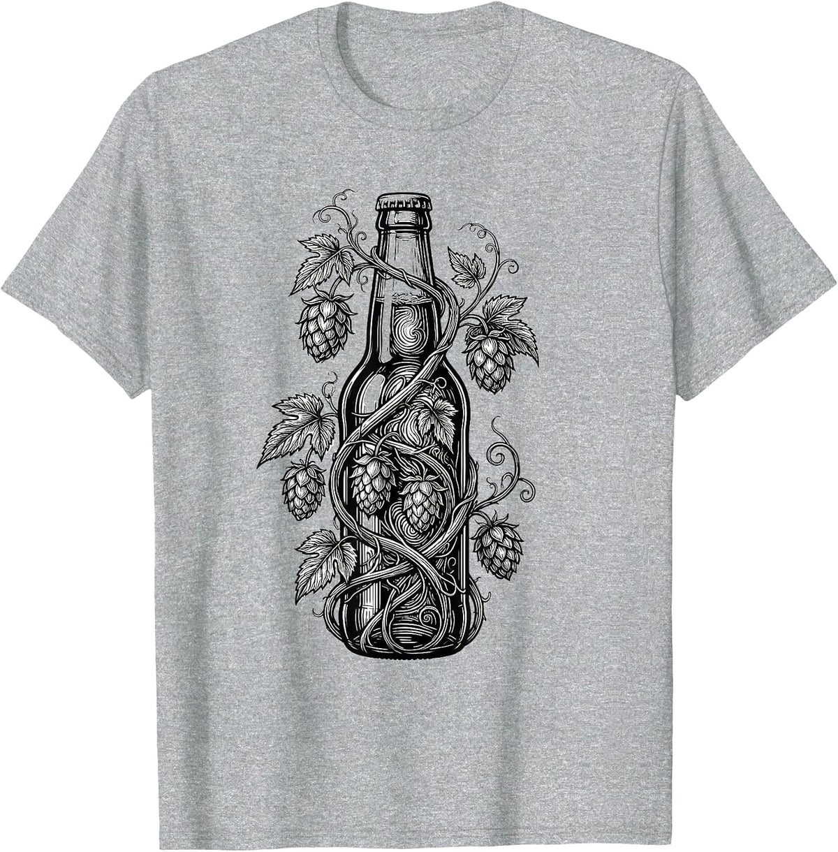 Men's Hop Vine Wrapped Beer Bottle Illustration T-Shirt - Heather Grey