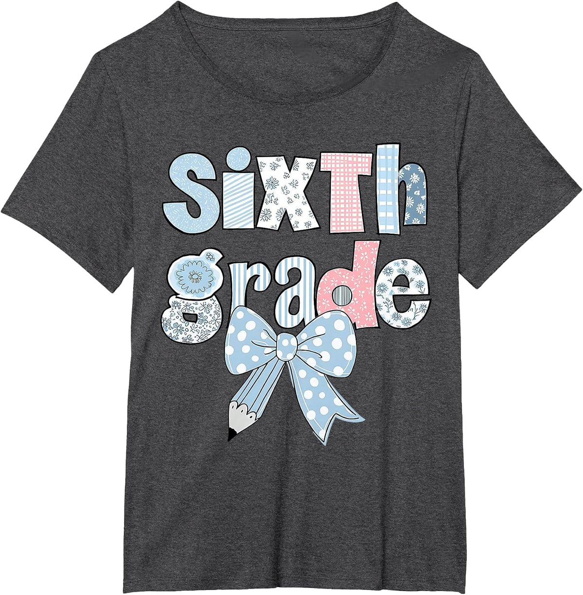 Sixth Grade Coquette Bow Pencil First Day Back to School T-Shirt - Dark Heather Grey