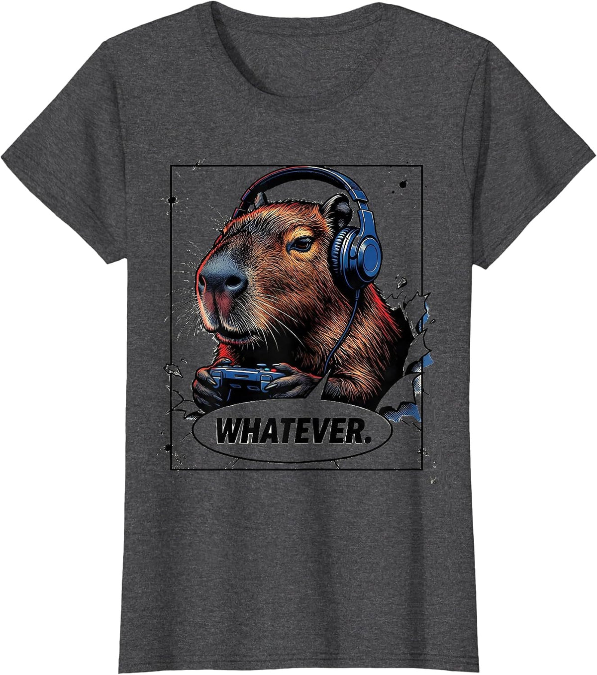 Women's WHATEVER Comic Book Capybara Gamer Meme Humor T-Shirt - Dark Heather Grey