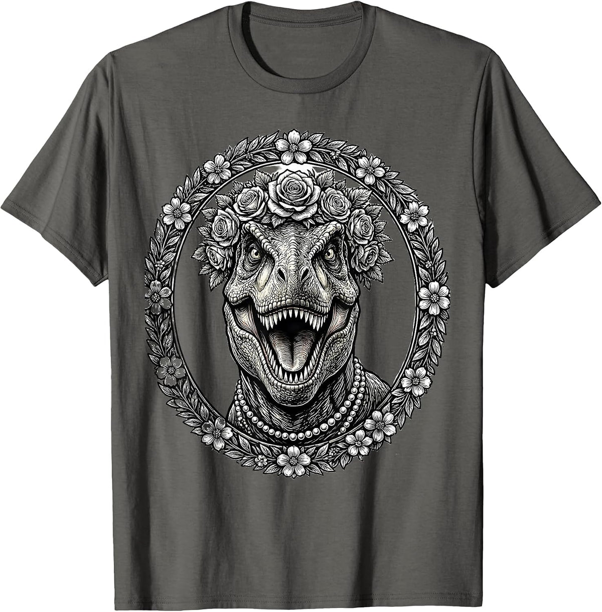 Floral Crown T-Rex Dinosaur with Pearls Design T-Shirt - Asphalt Grey