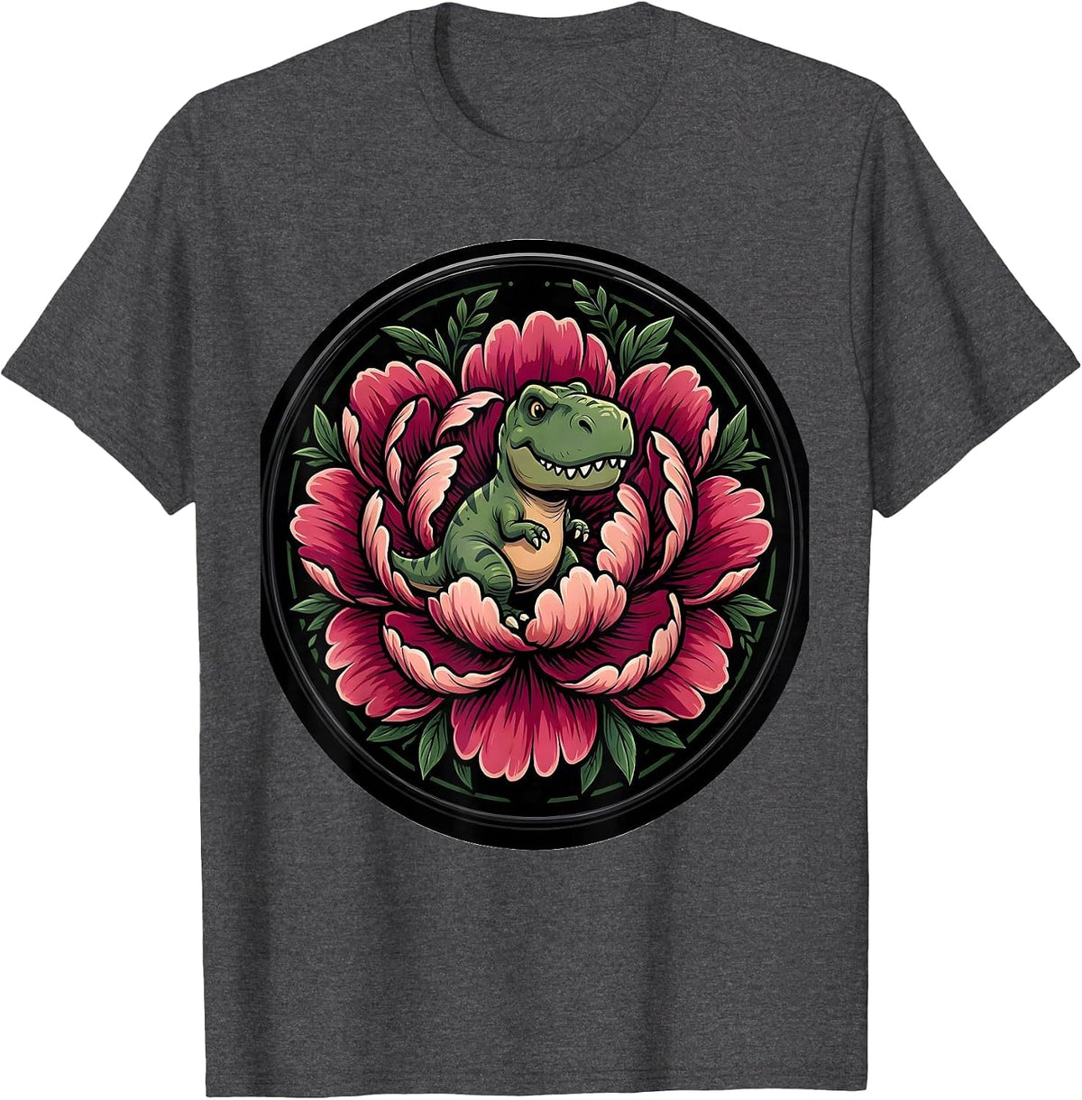 Men's Dinosaur Silhouette Blooming Peony Floral Design T-Shirt - Dark Heather Grey